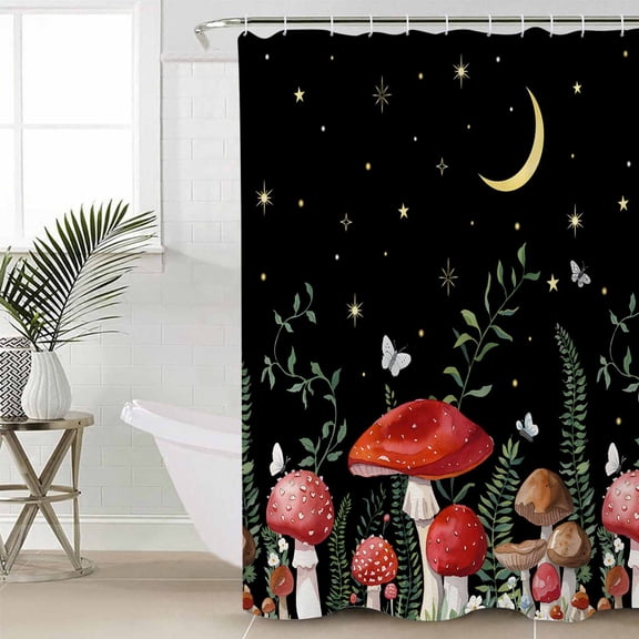 Mushrooms Black Extra Long Shower Curtain Set, Waterproof Shower Curtains for Bathroom, Botanical Leaf Butterflies Country Moon Washable Fabric Cloth Bath Curtain for Bathtub with Hooks 72x96 Inches