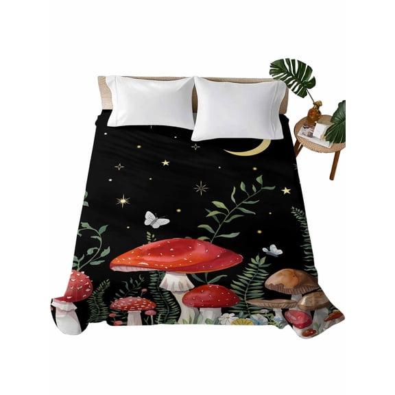 Mushrooms Black Flat Sheets Only King Size, Soft Breathable Bed Top Sheets for Mattress, Botanical Leaf Butterflies Country Moon Luxury Bedding Flat Sheets for Home Hotel Bedroom Bed Protection