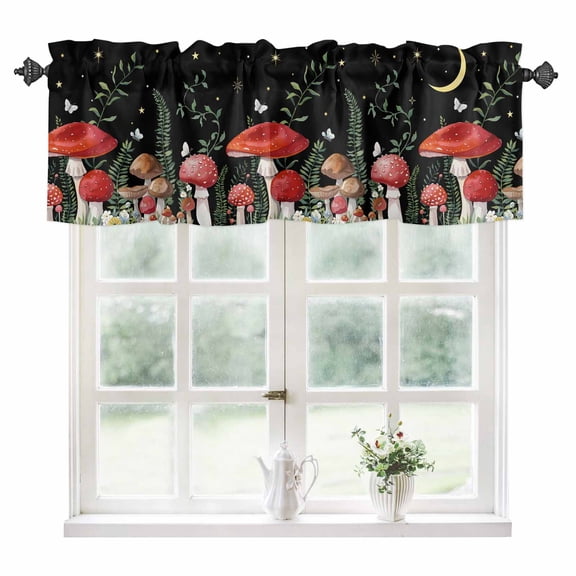Mushrooms Black Kitchen Valances for Windows 60x18 Inch Kitchen Curtains Valances Rod Pocket Botanical Leaf Butterflies Country Moon Bathroom Window Valances for Window Treatment Decor