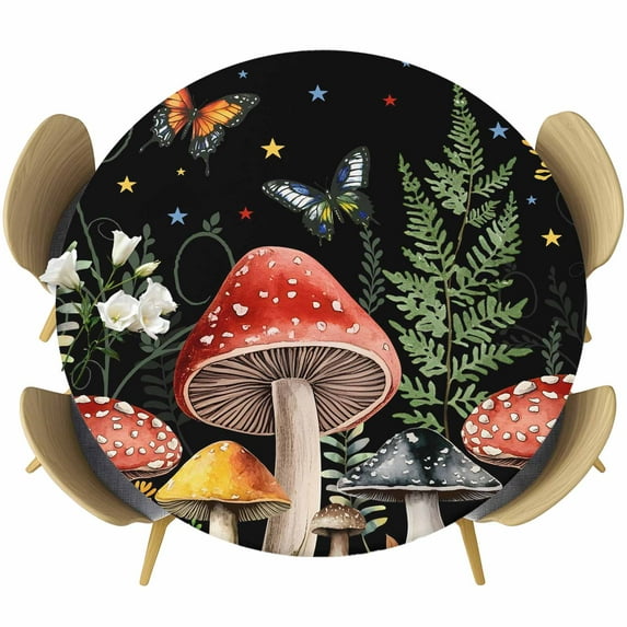 Mushrooms Black Round Tablecloth 55-60 Inch Round Fitted Table Cloth with Elastic Edge, Butterfly Botanical Country Plants Waterproof Table Cover Protector for Outdoor Picnic Party Dining