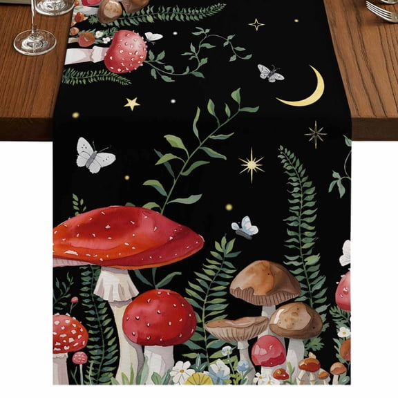 Mushrooms Black Short Table Runner 36 Inches Long,Botanical Leaf Butterflies Country Moon Cotton Linen Table Runners Dresser Scarves,Tabletop Scarf Furniture Cover for Home Dinner Party Decor 13"x36"