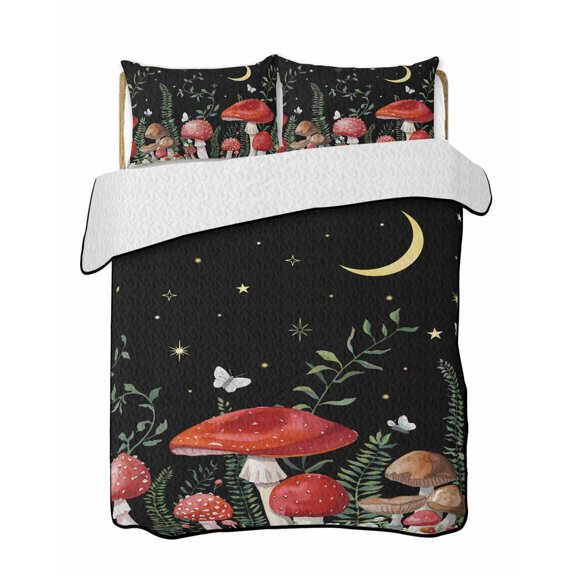 Mushrooms Black Summer Quilt Set Queen Size,Soft Quilted Bedding Set with 2 Pillow Shams,Botanical Leaf Butterflies Country Moon Lightweight All Season Bedspread Coverlet for Bedroom 90"x96"