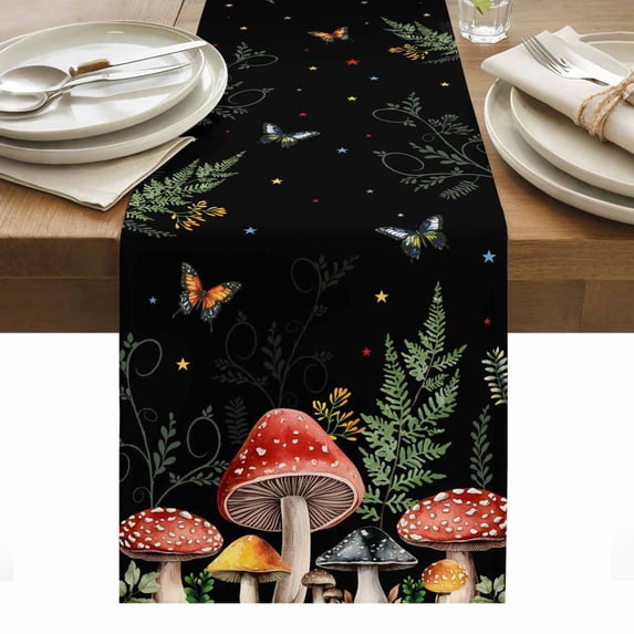 Mushrooms Black Table Runner - 90 Inch Long, Kitchen Dining Table Runner Dresser Scarves, Butterfly Botanical Country Plants Farmhouse Decor for Coffee Tables Wedding Party Banquet