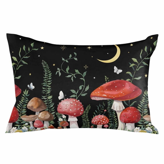 Mushrooms Black Throw Pillow Cover 12 x 20 Inch Decorative Pillow Cover Botanical Leaf Butterflies Country Moon Lumbar Pillowcase Seasonal Rectangle Cushion Case for Couch Sofa Bed Living Room