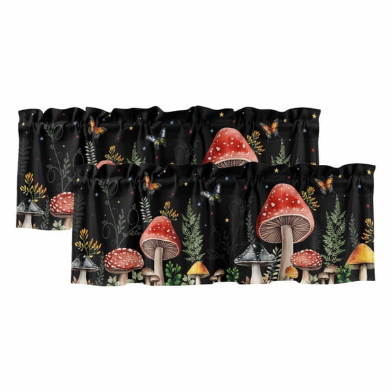 Mushrooms Black Valances for Windows, Decorative Rod Pocket Window Valance Curtains, Butterfly Botanical Country Plants Short Curtain Drapes for Kitchen/Bathroom/Living Room, 2 Panels, 60" W x 18" L