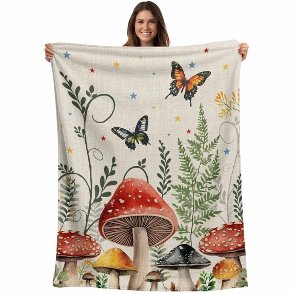 Mushrooms Blanket Soft Cozy Warm Throw Blanket for Couch, Plush Fuzzy Flannel Fleece Blankets for Sofa, Butterfly Botanical Country Plants Beige Bed Blankets Lightweight Gifts for Women, 50"x60"
