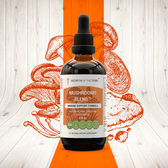 Secrets Of The Tribe Mushrooms Blend Blend Tincture Dietary Supplement, Natural Extract, Made from Chaga, Shiitake, Maitake, Cordyceps, Reishi Mushroom 4 oz