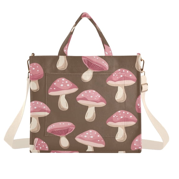 Mushrooms Brown Corduroy Tote Bag Handbag Large Messenger Bag Shoulder Crossbody Zipper Bag Purse