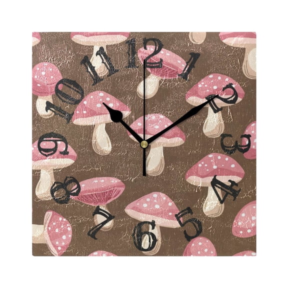 Mushrooms Brown Wall Clock Square Silent Non Ticking Battery Operated Clock for Home Bathroom Kitchen Bedroom Living Room