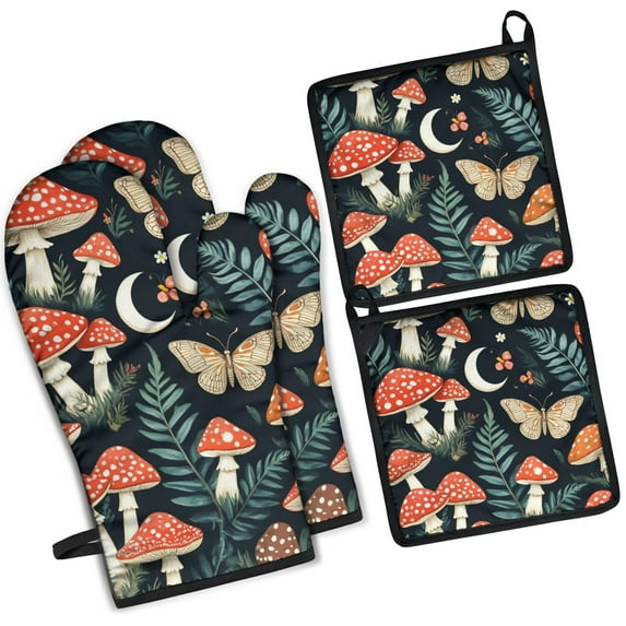 Mushrooms Butterflies Moon Pattern Kitchen Oven Mitt and Pot Holder Sets 4 Pcs for Baking, Cooking and Grilling, Heat Resistant Up To 392 °F