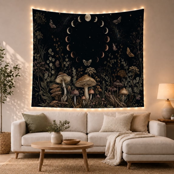 Mushrooms Under a Circle of Moon Phases Against Black Background, Mystical Gothic for Dark Academia Fans, Botanical Dusk Art, Halloween Gift Tapestry Wall Hanging for Bedroom and Meditation Room