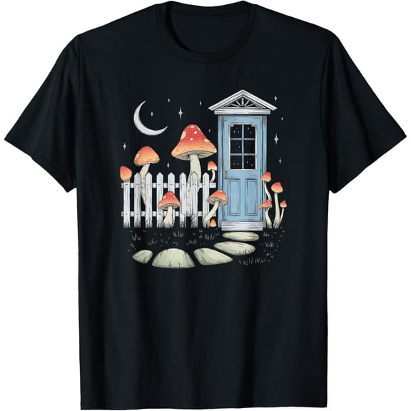 Mushrooms Crescent Moon Cottagecore Aesthetic T-Shirt men and women can wear, black, white, gifts