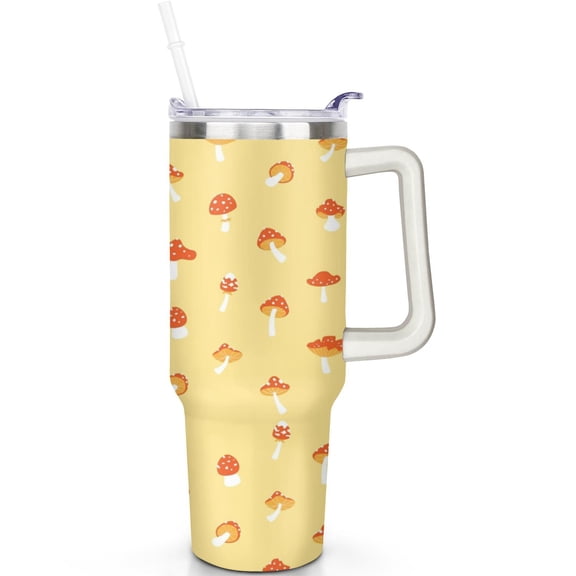 Mushrooms Design Large 40oz Coffee Mug Durable Steel Double-Walled Insulation Comfort Handle Straw Lid Leak Proof Gift for Men & Women