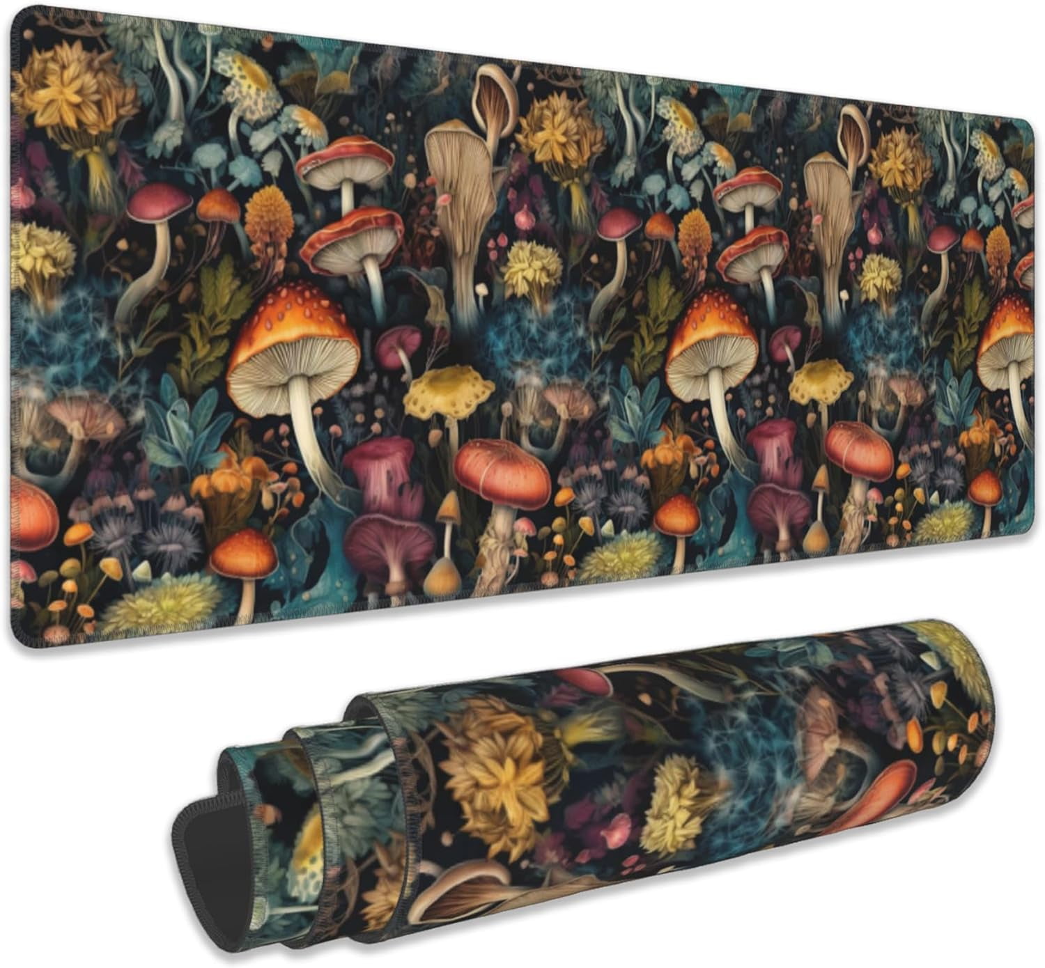 Mushrooms Desk Mat, Vintage Mushroom Floral Extended Gaming Mouse Pad Large, Big Desk Mat with Non-Slip Base and Stitched Edge, Long Computer Keyboard Mouse Mat for Home Office Work 31.5"x15.7"