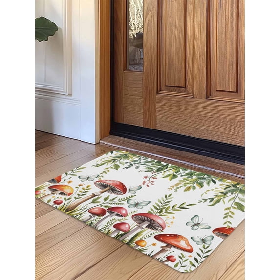 Mushrooms Door Mat Indoor Outdoor Entrance,Non Slip Small Rug for Kitchen Bathroom Entryway Rug,Spring Flowers Leaves Butterflies Botanical Washable Doormat Floor Mat 18x30 Inch