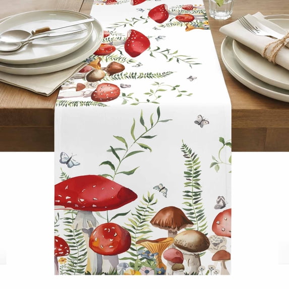 Mushrooms Eucalyptus Table Runner - 120 Inch Long, Kitchen Dining Table Runner Dresser Scarves, Sage Green Botanical Butterflies Farmhouse Decor for Coffee Tables Wedding Party Banquet