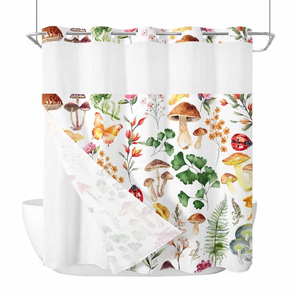 Mushrooms Ferns No Hook Shower Curtain Waterproof,Bathroom Curtains with Snap in Liners and See Through Top Window,Watercolor Forest Floral Botanical Spring Hotel Bathtub Curtains Shower 72"Wx78"L