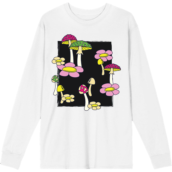 Mushrooms & Flowers Adult White Crew Neck Long Sleee Tee-Large