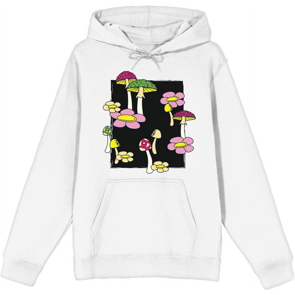 Mushrooms & Flowers Adult White Long Sleeve Hoodie-Medium