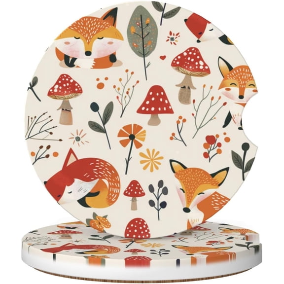 Mushrooms Foxes Forest Absorbent Car Coasters 2 Pack Cup Holders, 2.56" Ceramic Stone & Non-Scratch Cork Base Drink Coasters Cute Car Assecories for Women Men