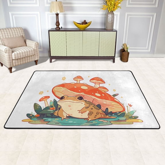 Mushrooms Frog Lotus Leaves Area Rug Washable 72 x 48 Floor Carpet Mat Non Slip for Bedroom Living Room Kids Room Home Decor