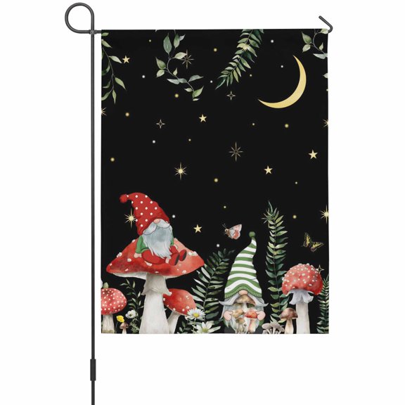 Mushrooms Gnomes Garden Flags For Outdoor, Black Night Sky Moon Stars Plants Leaves Small Double Side Yard Flags Weather Proof Garden Decor for Lawn Outside Holiday 12 x 18 Inches