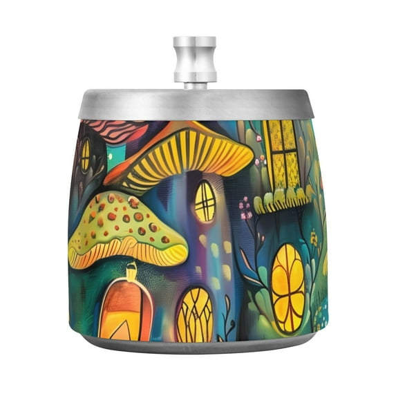 Mushrooms Houses in Forest Ashtray with Lid Smell Proof Cigarette Ashtray Stainless Steel Smokeless Ash Holder for Indoor Outdoor