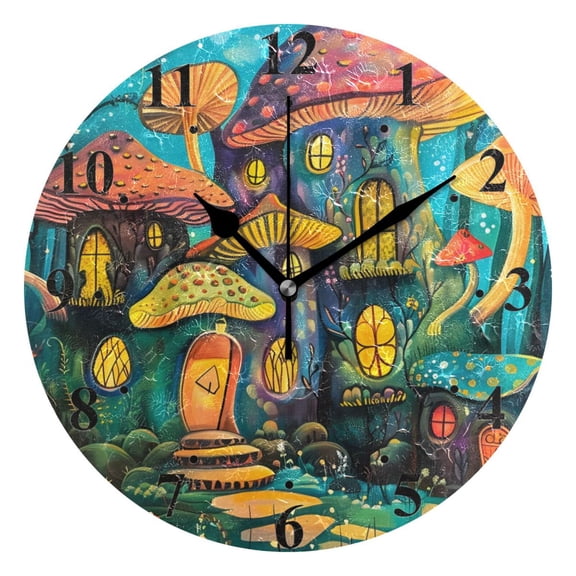 Mushrooms Houses in Forest Black 10 inch Wall Clocks Non Ticking Easy to Read Battery Decorative for Home Bathroom Kitchen Bedroom Living Room
