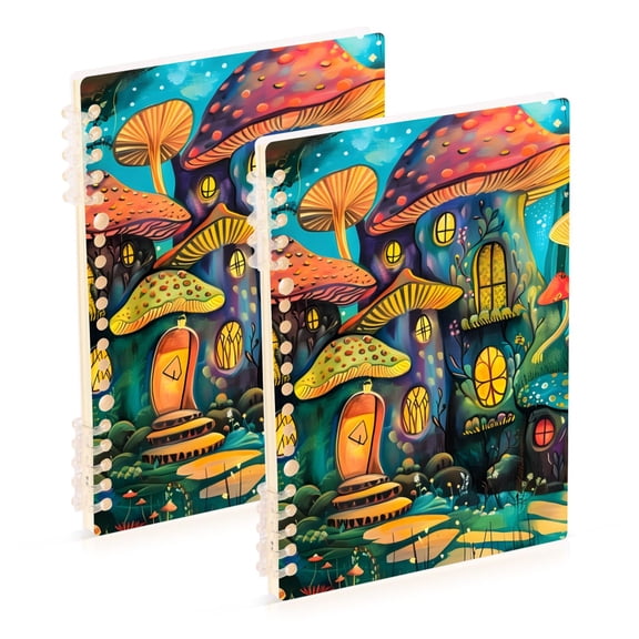 Mushrooms Houses in Forest Ring Binder Notebook Journey Note Diary College Ruled Spiral Notebook Study Loose Leaf Paper A5 60 Pages