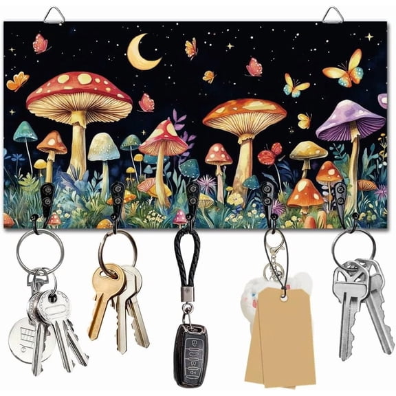Mushrooms Key Holder Wall Mounted Wooden Keys Racks Storage Organizer Hanger with 5 Key Hooks House Keys Holder