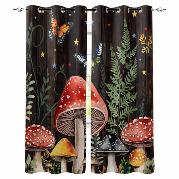 Mushrooms Kitchen Curtains Butterfly Botanical Country Plants Black Cafe Short Curtains for Bathroom Blackout Window Curtain Grommet Small Window Treatment Drapes for Bedroom Living Room 42"x45"x2
