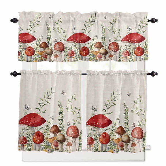 Mushrooms Kitchen Curtains Valances and Tiers Set of 3, Farmhouse Plants 24 Inch Length Tier Curtains and Valance Rod Pocket Valance Curtains Set for Kitchen Bathroom Small Windows