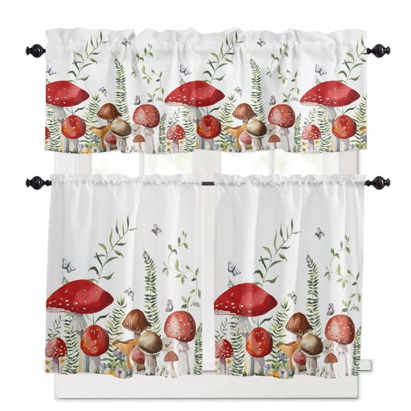 Mushrooms Kitchen Curtains Valances and Tiers Set of 3, Farmhouse Plants 36 Inch Length Tier Curtains and Valance Rod Pocket Valance Curtains Set for Kitchen Bathroom Small Windows