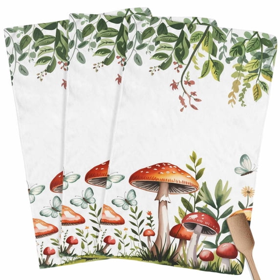 Mushrooms Kitchen Towel Dish Cloths Set of 3, Microfiber Soft Kitchen Hand Towels, Spring Flowers Leaves Butterflies Botanical Absorbent Quick Drying Dishcloths 18 x 28 Inches