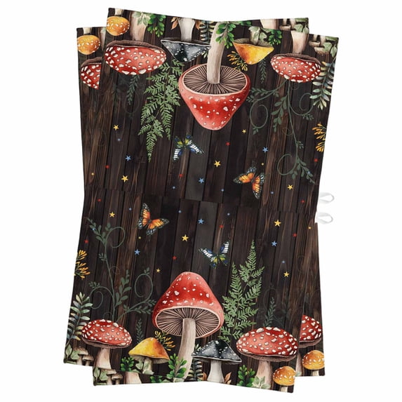 Mushrooms Kitchen Towels Set of 2, Water Absorbent Dish Towel, Butterfly Botanical Country Plants Black Decorative Hand Towels - Quick Drying Cloth for Cooking Baking, 18x28 Inch