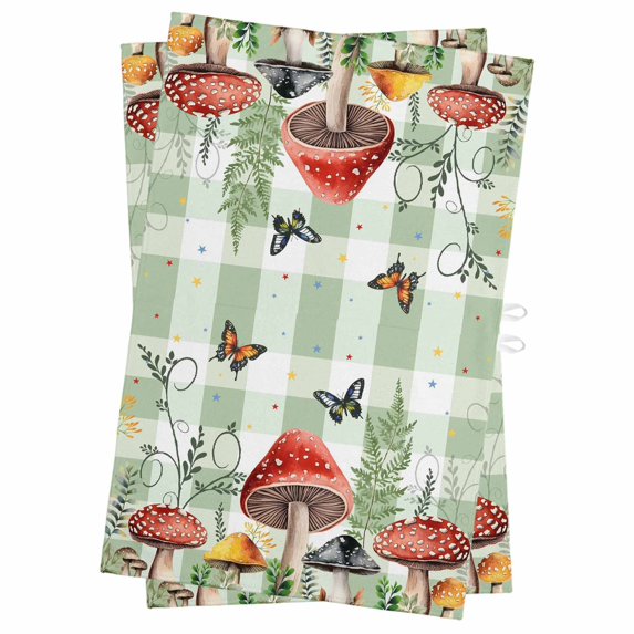 Mushrooms Kitchen Towels Set of 2, Water Absorbent Dish Towel, Sage Green Plaid Butterfly Botanical Plants Decorative Hand Towels - Quick Drying Cloth for Cooking Baking, 18x28 Inch