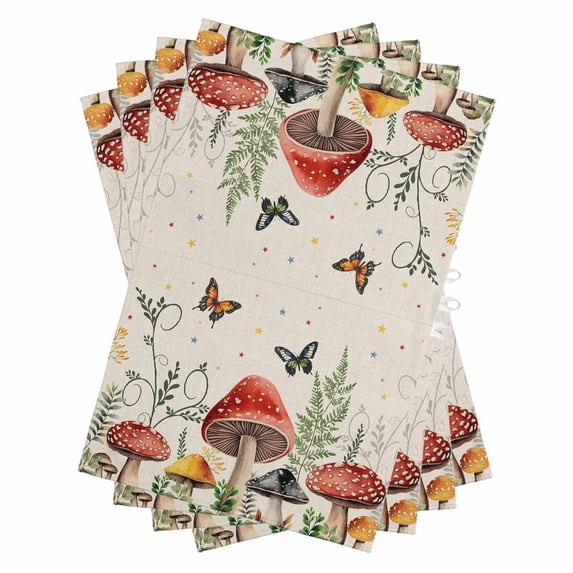 Mushrooms Kitchen Towels Set of 4, Water Absorbent Dish Towel, Butterfly Botanical Country Plants Beige Decorative Hand Towels - Quick Drying Cloth for Cooking Baking, 18x28 Inch