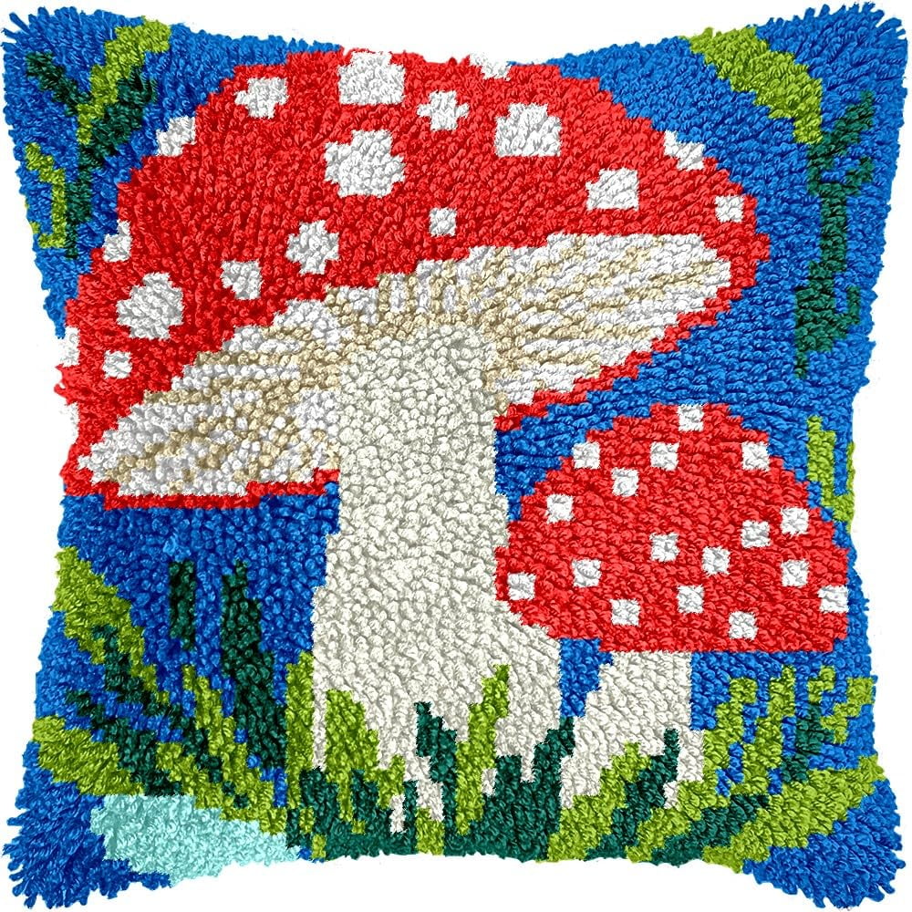 Mushrooms Latch Hook Pillow Cover Kits for DIY Handmade Throw Pillow Cross Stitch Latch Hooking Pillowcase Kits with Preprinted Color Pattern Canvas Crochet Yarn Kits 17''X 17''(7-191)