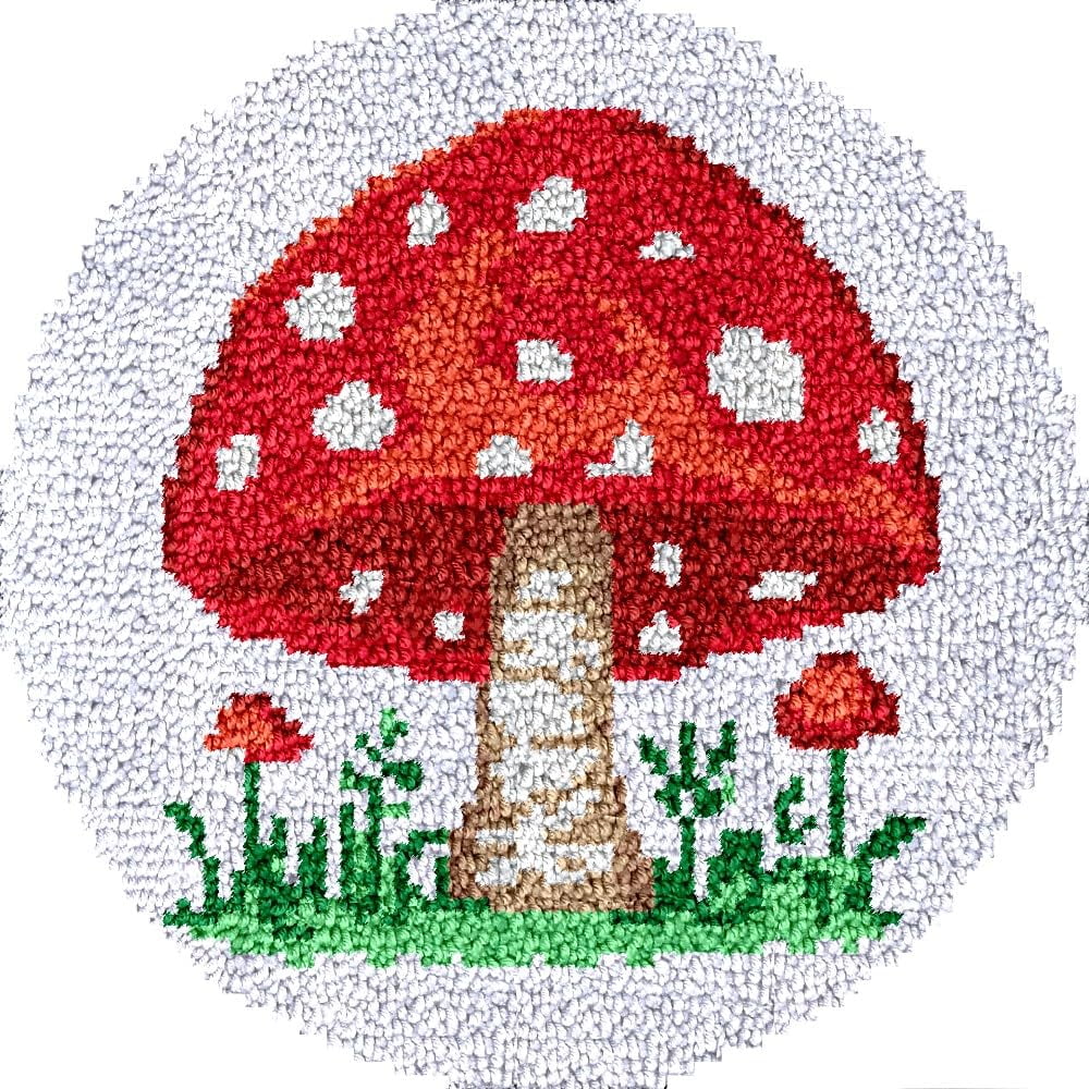 Mushrooms Latch Hook Round Rug Kits Set for Starter Crochet Handmade Hooking Cushion Mat Sofa Seat Cushion Crocheting Kits with Preprinted Canvas Crochet Yarn Kits 50X50CM (r67)