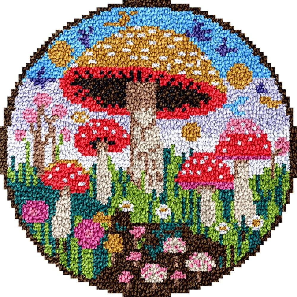 Mushrooms Latch Hook Round Rug Kits Set for Starter Crochet Handmade Hooking Cushion Mat Sofa Seat Cushion Crocheting Kits with Preprinted Canvas Crochet Yarn Kits 50X50CM (r34)