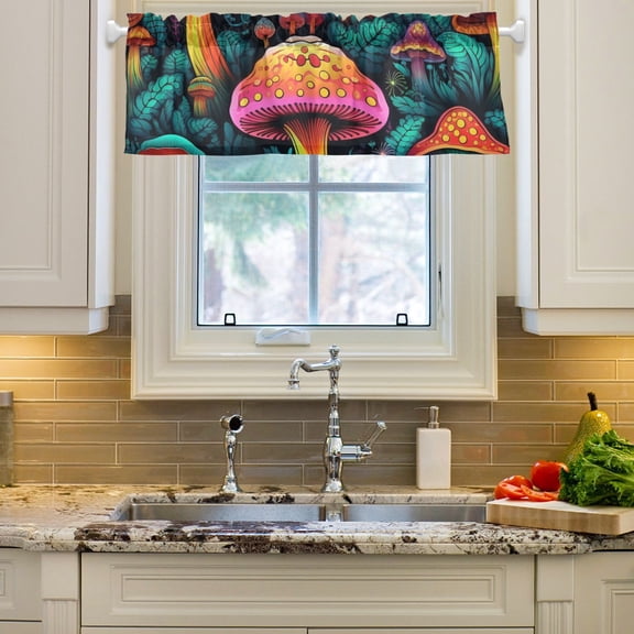 Mushrooms Leaves Curtain Valances Farmhouse Design Window Treatment Decor Blackout Rod Pocket for Windows Living Room Kitchen 54" x 18"