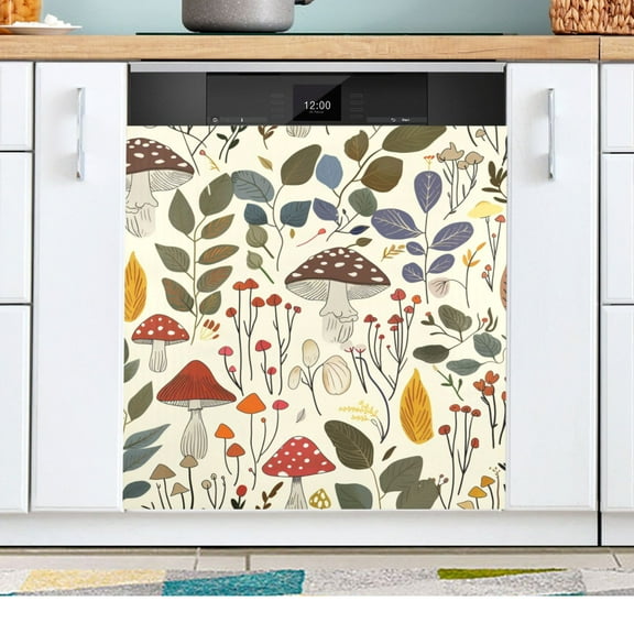 Mushrooms Leaves Dishwasher Magnetic Refrigerator Magnet Cover Kitchen Art Panel Decal Sticker Home Decorative 23"x26"