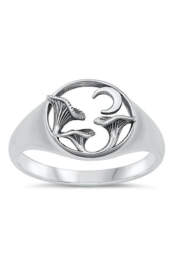 Mushrooms & Moon Ring .925 Sterling Silver Band Jewelry Female Male Unisex Size 6