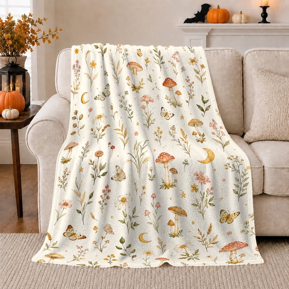 Mushrooms Moons and Butterflies with Wildflowers, Serene Watercolor Cottagecore Pattern for Nature Lovers, Mother's Day Gift, Soft Flannel Blanket for Bedroom and Sunroom, Home Decor