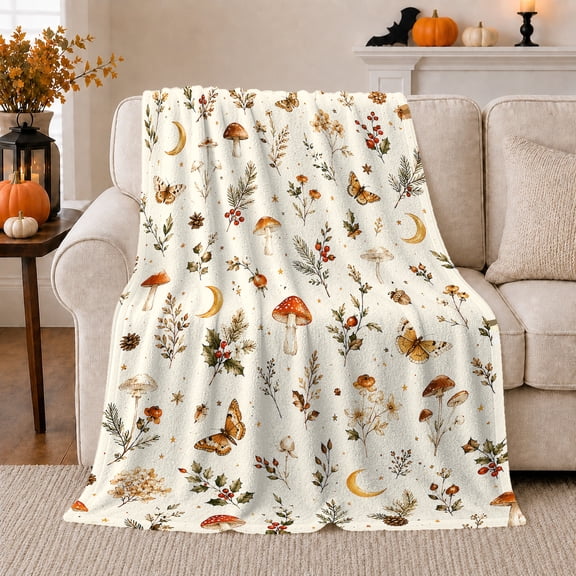 Mushrooms, Moths and Crescent Moons with Winter Botanicals, Vintage Cottagecore Garden Pattern Soft Flannel Blanket for Mushroom Lovers, Housewarming Gift Home Decor for Bedroom and Reading Nook