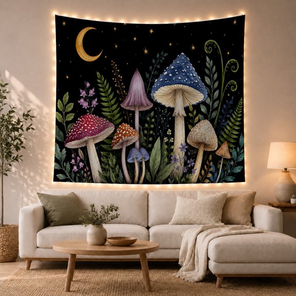 Mushrooms in a Nocturnal Forest Against a Crescent Moon, Mystical Fantasy for Nature Lovers, Enchanted Forest Decor, Birthday Gift, Tapestry Wall Hanging for Bedroom and Living Room
