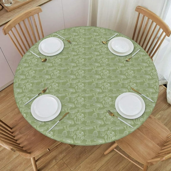 Mushrooms Olive Green Round Fitted Table Cloth Cover, Elastic Tablecloth for Round Tables, Fits 45" - 50" Tables, Medium