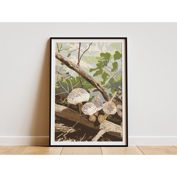 Mushrooms On Fallen Branch Woodland Block Nature Inspired Fungi Earth Tone Forest Floor Poster Unframed Paper Print