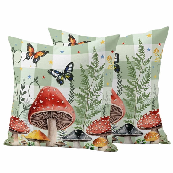 Mushrooms Outdoor Waterproof Pillow Covers, Sage Green Plaid Butterfly Botanical Plants Decorative Square Throw Pillowcase Sofa Cushion Sham for Patio/Couch/Chair, 18"x18" 2 Pack