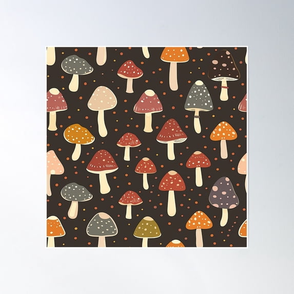 Mushrooms Pattern - Goblincore Aesthetic - Neutral Earthy Colors - Gift For Forage Lovers - Nature Forest Amanita Muscaria Foraging Poster Wall Art, Modern Wall Decor, 24x24 UNFRAMED